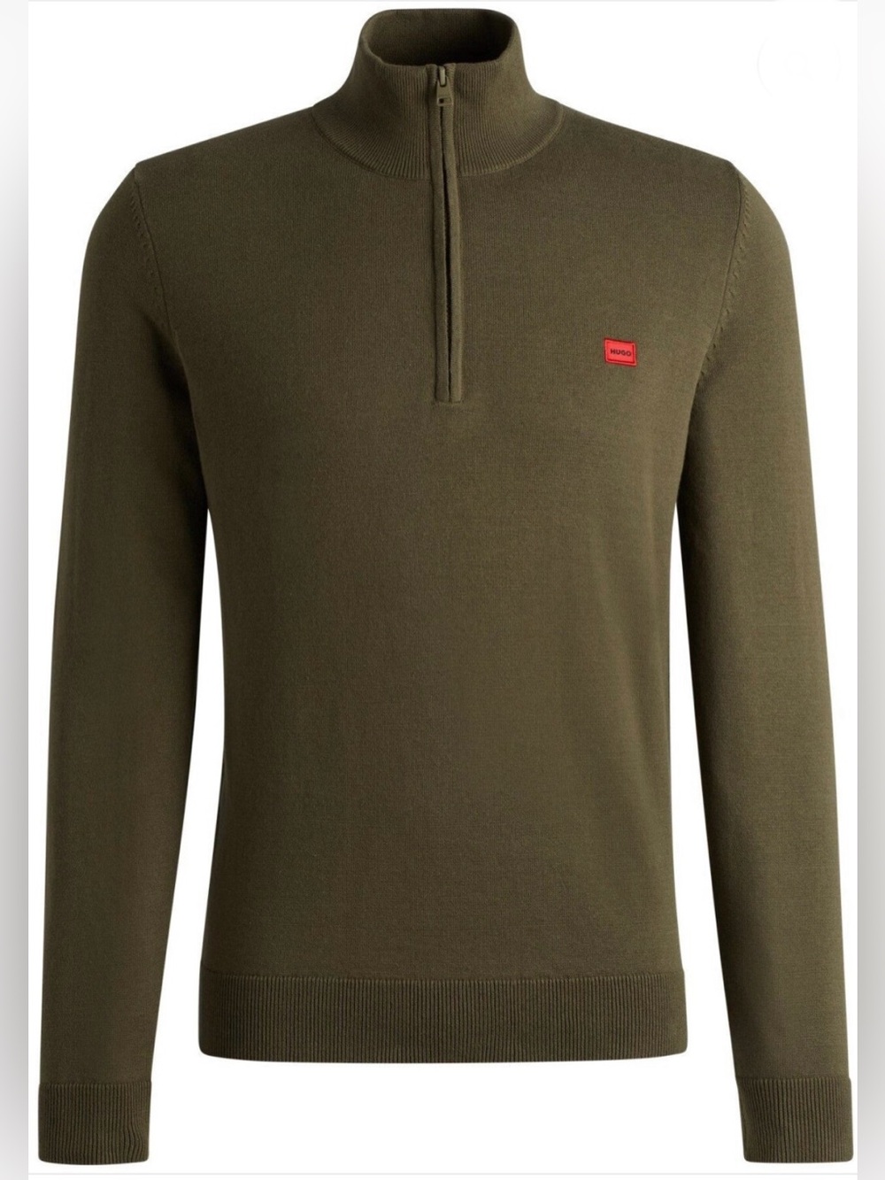 HUGO Olive Green Half-Zip Sweater with Red Logo NWT